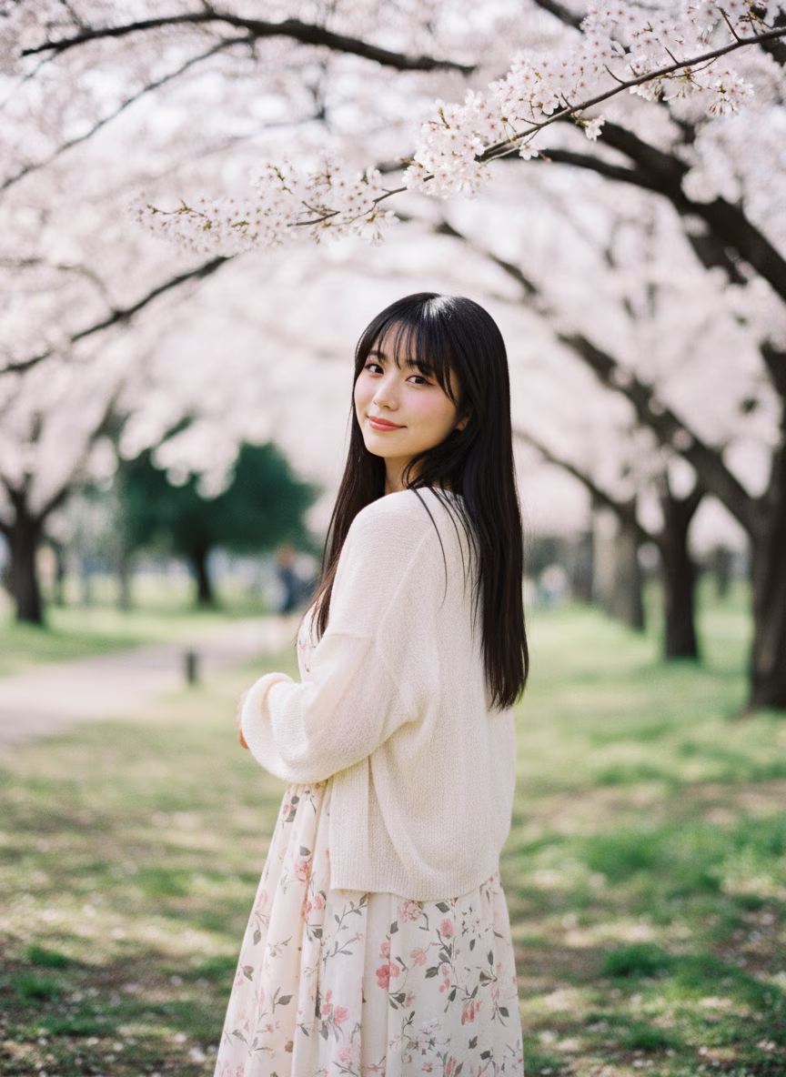 公园樱花下的日本女性